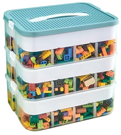 Keyacht Aufbewahrungsbox mit Deckel für Lego Plastik Stapelbar Lego Box mit Griff Bausteine Boxen Aufbewahrung Spielzeugkiste Transparent Organizer Box Kinder Spielzeugkiste