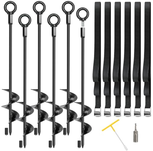 Funner Ground Anchors for High Wind, 45cm 6 Packs, Screw In Fully Welded Spiral Trampoline Anchors Kit with Adjustable Tie Down Straps, Socket Tools, for Swing, Tent, Gazebo, Shed, Carport
