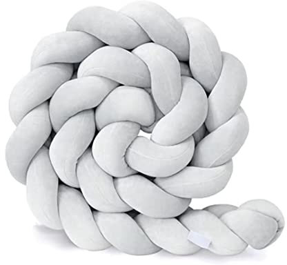 Mineliste Bettschlange, Knotenkissen, Bettschlange Geflochten, Seitenschläferkissen, Bettumrandung Kantenschutz, Kopfschutz Bettumrandung, Grau, 350cm