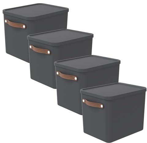 Rotho Maloja Aufbewahrungsbox mit Deckel 4er-Set 27 L stapelbar Anthrazit | Aufbewahrungsboxen im 4er-Set, stapelbar, mit ergonomischen Griffen, passend für Papier bis C4, 98 % recycelter Kunststoff