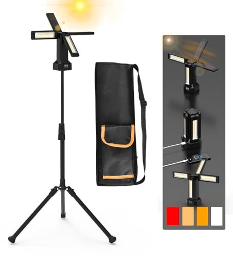 Projecteur LED Chantier Solaire Rechargeable 13200 mAh avec Trépied et Sac de Transport, Lampe de Chantier à Intensité Variable en Continu 8000 Lumens, Blanc/Chaud/Naturel (SOS) (Standard)