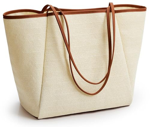 KALIDI Stroh-Tragetasche, Strandtasche, gestreift, Schultertasche, Handtasche, Nähte, gewebter PU-Ledergriff, Reißverschluss, Innentasche, Reisen, Einkaufen, Picknick, Beige / Braun, 19x14x6 inches