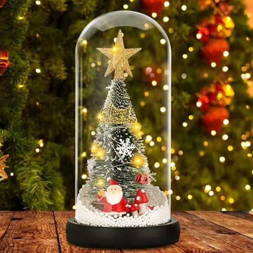 COYBTO Decorazioni per Alberi di Natale,Mini Albero di Natale in Cupola di Vetro Su Base di Legno,Albero di Natale da Tavolo con Luci a Led Regali per Decorazioni da Tavolo per Feste di Natale
