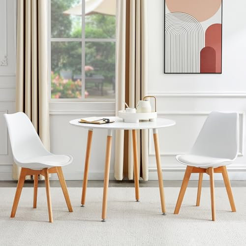 H.J WeDoo Rund Esstisch mit 2 Stühle Essgrupp, 90cm Küchentisch und 2er Set Esszimmerstühle Esszimmergruppe Sitzgruppe für Küche Wohnzimmer (Weiß Tisch+2 Weiß Stühl)
