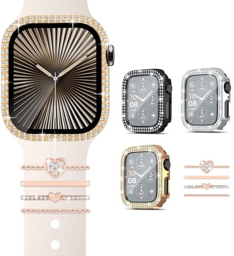 Fycyko 3 Pièces Diamond Protection Coque pour Apple Watch Series 10 42mm+4 Pièce Anneaux cristaux pour Apple Watch, Housse de protection et Bling iWatch Deko-Or Rose