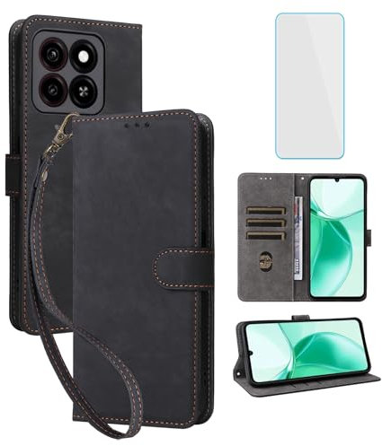 IUQXU for ZTE Blade A35/A55 Wallet Phone Case with Screen Protector [RFID Blocking] Leather Flip Card Holder Kickstand Strap Women Men Cell Phone Case for ZTE A 55 35 Blade 55A Black