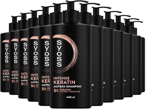 SYOSS Shampoo Intense Keratin Aufbau Shampoo (12x 440 ml), Haarshampoo für schwaches und brüchiges Haar, füllt das Haar auf, und stärkt es von innen, Formel mit 5% Keratin-Aufbau-Komplex