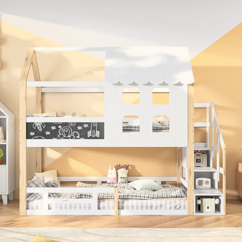 KeepGoon Etagenbett 90 x 200 cm, Zwischengeschoss für 2-Sitzer, Bett mit Stauraum, Etagenbett, Treppe, Barriere, mit Dach und Fenstern, Tafel, Kiefer, Matratze Nicht im Lieferumfang enthalten