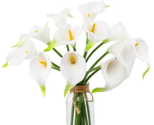 DuHouse Künstliche Calla-Lilien, fühlen sich echt an, Latex-Blumen für Heimwerker, Hochzeitsstrauß, Party, Heimdekoration (weiß-gelber Kern), 12 Stück