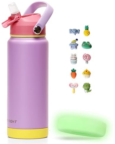 pluseight 750ml/24oz Water Bottle with Straw Lid, Stainless Steel Water Bottle Wide Fluorescent Coaster for Sports, Gym or Office, BPA-Free Keep Cold 24H Hot 12H (Purple)