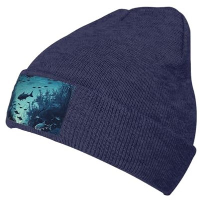 Anceky Marineblaue Wintermütze für Damen und Herren, warm, gemütlich, gestrickt, mit Bündchen, Skimütze, Fisch, Schwimmen in der Nacht, Strickmütze