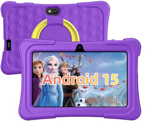 Kids Tablet, 7 inch Android 15 Tablet for Kids, 8GB+32GB 1TB Expand, Quad-Core Toddler Tablets with Shockproof Case, BT5.0, WiFi 5, Parental Control, Games, Dual Camera (Purple)