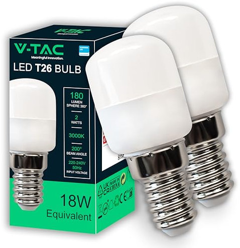 V-TAC 2x Bombilla LED para Nevera y Lámparas - E14-2W - 180 Lumen - Pequeñas Bombillas LED T26 para Máxima Eficiencia y Ahorro Energético - Blanco Cálido 3000K