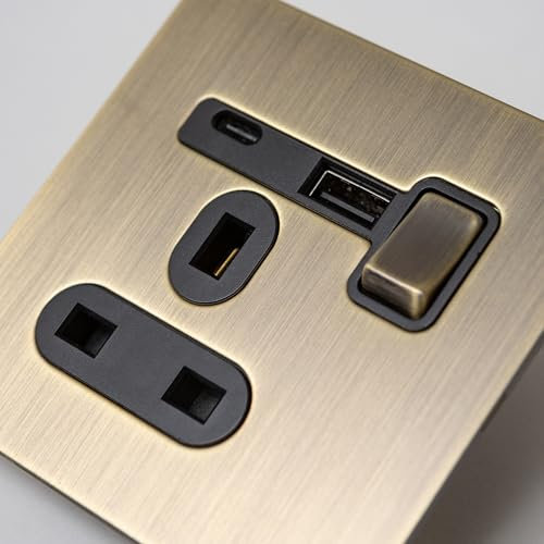 Antique Brass Straight Knurled Switches and Sockets (Single 13A socket with USB A & C)
