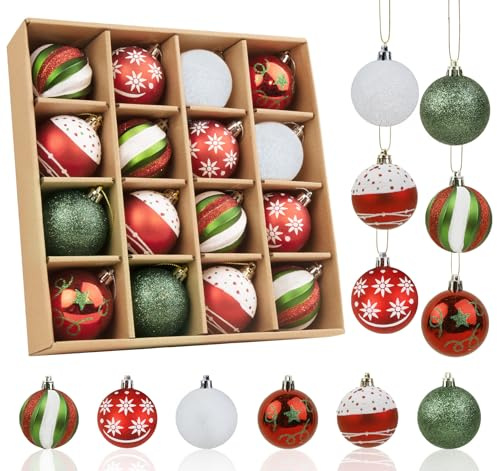 Weihnachtskugeln Rot Grün Weiß, Anstore 6 Designstile 6cm Christbaumkugeln Kunststoff Ornament mit Aufhänger, 16 Stück Weihnachtsbaumschmuck Bunt Set, Christbaumschmuck Thema Deko für Innen Aussen