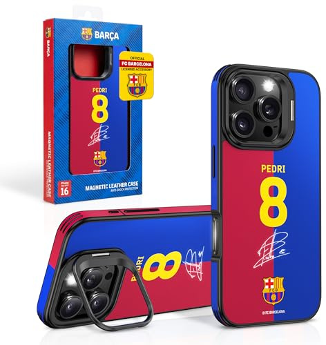 OCPC iPhone 16 Pro Max Hülle – FC Barcelona Pedri-8 Edition – Offiziell Lizenziertes Leder Case, Ständer & Kameraschutz – Premium Schutzhülle Stoßfest