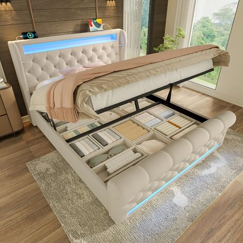 Oslghy Polsterbett Doppelbett 160x200 cm, Stauraumbett mit LED Leuchten und Stauraum, Jugendbett mit USB Typ-C Port Kopfteil, Moderne Hydraulisch Bettgestell mit Lattenrost, Samt, Beige,ohne Matratze