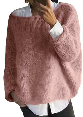 Damen-Pullover, lockere Passform, U-Boot-Ausschnitt, langärmelig, lässig, weich, warm, Strickoberteil für Herbst und Winter