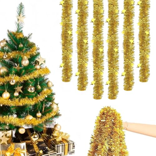 QITHGYD Weihnachten Lametta Girlande, 6 Stück 12m Weihnachten Lametta Girlande Gold, Weihnachtsbaum Dekoration Girlande,Lametta Glänzend Girlande Hochzeit Urlaub Party Dekoration (Gold)