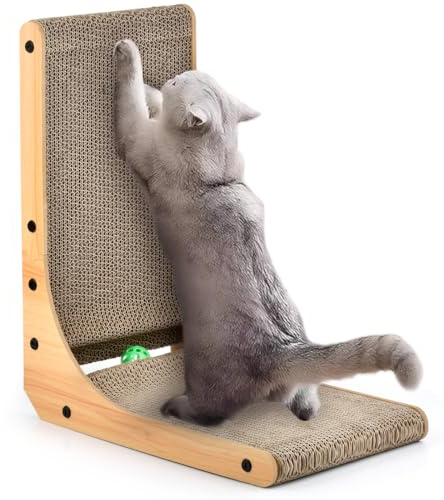 POUMUE Rascador Gato Carton, Cat Scratching Cardboard en Forma de L de 47cm de Alto,Cat Scratcher Duradera con Catnip de Juguete de Bola, Rascador para Gatos Carton para Paredes y Esquinas