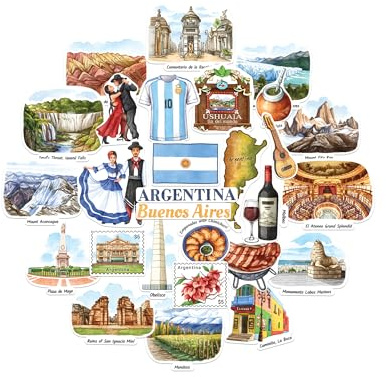 Navy Peony Argentinien Sticker-Set – großformatig, handillustrierte Aquarell-Motive, glänzend & wasserfest – für Koffer, Laptop & Wasserflasche (28-teilig)