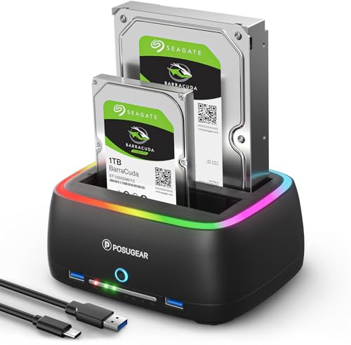 POSUGEAR Docking Station per dischi rigidi RGB, USB 3.0 per dischi rigidi SATA HDD/SSD da 2,5 e 3,5, 40 TB Dual Bay HDD Docking Station con clonazione offline, supporto senza attrezzi e UASP