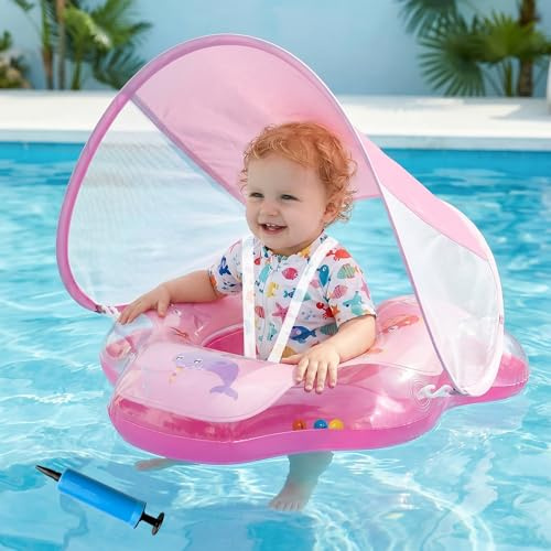 Olycism Salvagente Neonato con Parasole UPF50+ Ciambella Neonato Mare con Pompa ad Aria e Kit di Patch Materiali Adatti ai Bambini Carico massimo 20 kg per Bambini Rosa