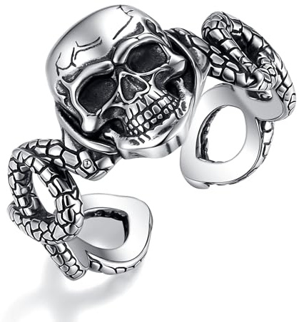 AEONSLOVE Drachen Ringe Silber 925 für Herren Damen, Wikinger Runen Vegvisir/Gothic Totenkopf Ring Verstellbar, Schlange Obsidian/Tetragrammaton Pentagramm/Wolf Offener Ring Vintage