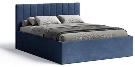 Meblofun Polsterbett RETTAN mit Kopfteil, 160x200 cm, Doppelbett mit Bettkasten und Lattenrost aus Holz, Velourstoff, Farbe: Blau
