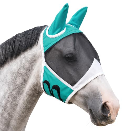 FainFun Máscara Anti Moscas para Caballo, Mascara Antimoscas Caballo COB Protección con Orejas (Azul Verdoso, M)