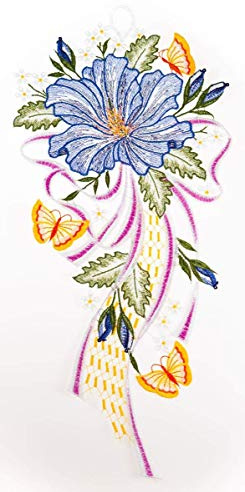 Fensterbild Hibiskusblüte farbig 20 x 43 cm aus Plauener Spitze Fensterdeko Fensterschmuck Bilder Handarbeit Deko Fenster