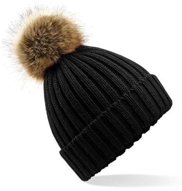 Beechfield Damen Bommel-Mütze Fur Pom Chunky Beanie B412 Black One Size