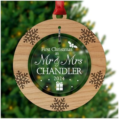 PERSONALISED Mr & Mrs 1st First Christmas Tree Ornament Decoration Bauble Xmas - Cherry Veneer and Acrylic Engraved Christmas Tree Ornament - Keepsake Christmas Gifts Presents