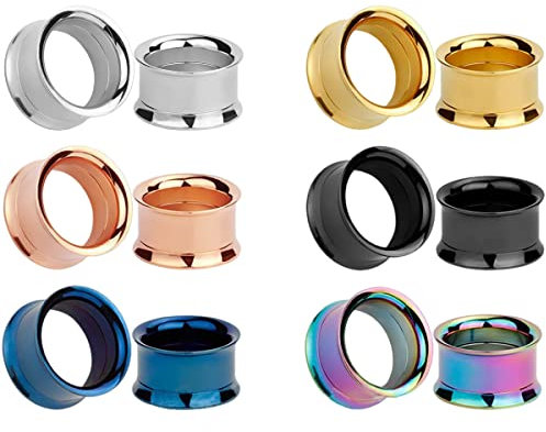 HuaCan Tunnel Set 6mm 8mm 10mm 12mm 14mm 16mm 18mm 20mm Flesh Tunnels Edelstahl Ohr Plug 6 Paare Bunte Farbe Double Flared Plugs Titanstahl Klassisch Expander Für Frauen Damen Herren 12 Stück