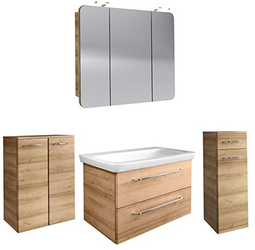FACKELMANN hellbraunes großes Badmöbel Set 5-TLG. Milano hängend Keramikbecken 100 cm & LED Spiegelschrank