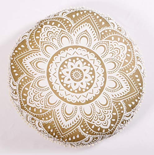 Popular Handicrafts Bodenkissenbezug – großer Hippie-Mandala-Pouf-Bezug rund mit weichen Pompons, Bohemian-Yoga-Dekor, aufwendiges Muster, 45,7 cm, Gold