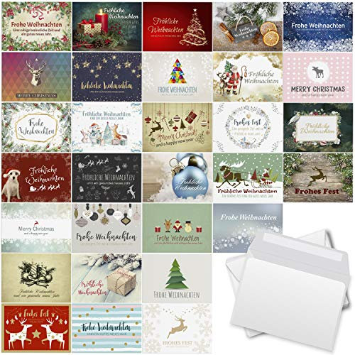 Einladungskarten Manufaktur Hamburg 30 Weihnachtskarten Set mit Umschlag 30 Motive Grußkarten Frohe Weihnachten Postkarten Format Weihnachtspostkarte Mix