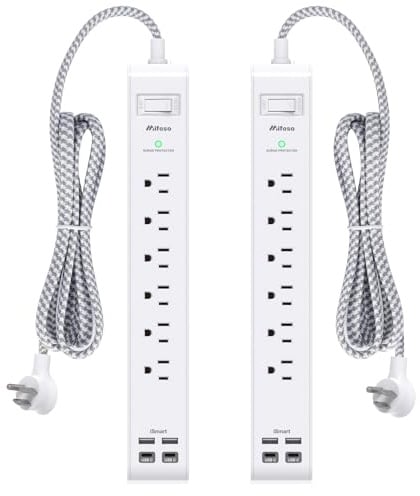 2 Pack Power Strip, 12FT Long Extension Cord, Surge Protector with 6 Outlets and 4 USB Ports (2 USB C), Flat Plug Overload Protection, Extension Cord 10+ ft, Wall Mount for Home Office Dorm College