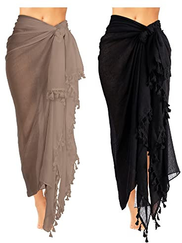Boao 2 Stück Damen Strand Lang Sarong Badeanzug mit Quaste (Schwarz, Khaki, XL)