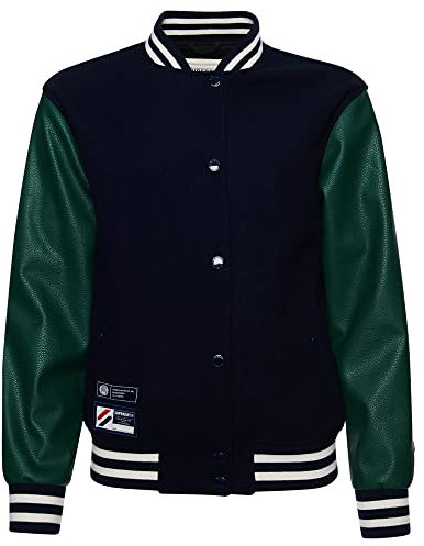 Superdry Veste de baseball universitaire en laine pour femme, coupe décontractée, col côtelé, Vert foncé/bleu marine foncé, 8