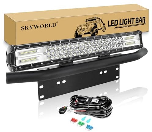 SKYWORLD 7D 23 inch 324W LED Light Bar with 12V Wiring Harness Kit, License Plate Mounting Bracket, Waterproof Offroad Bar Lamp Driving Fog Lights for 4x4 Car Truck SUV Van Pickup, 6000K White
