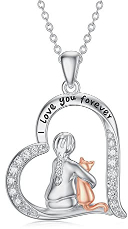 LONAGO Katze Halskette für Mädchen 925 Sterling Silber Ich Liebe Dich für Immer Süße Katze Anhänger Halskette Schmuck