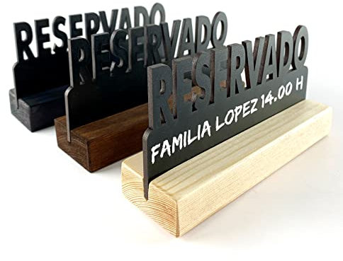 Cartel reservado 5 UDS. Mini pizarra negra doble cara con soporte madera. letrero para mesas de hostelería, restaurantes, bares. (Nogal)