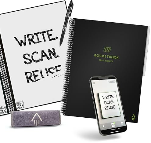 Rocketbook Multi-Subject Wiederverwendbares Notizbuch - A4 Notizblock, 70 Linierte Seiten und 4 abnehmbare Trennblätter, inklusive FriXion-Stift und Mikrofasertuch