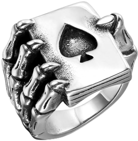 Flongo Herrenring Männer Ring Daumenring, Edelstahl Ring Bandring Siegel Ringe Biker Silber Gold Pik-Ass Spielkarte Pik A Spades A Poker Karten Herren-Accessoires