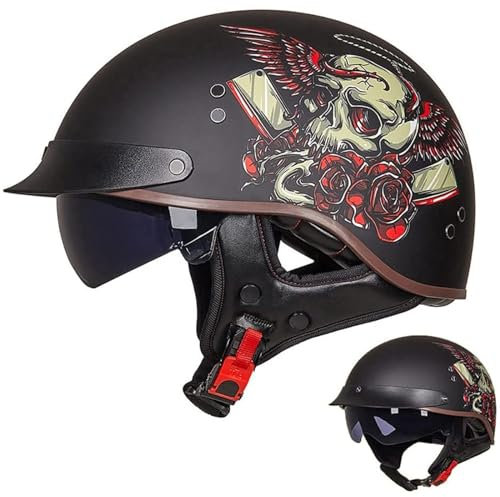 Casque Bol Brain Homologué ECE Demi-Jet Moto Vintage Rétro Ouvert Visière Intégrée pour Cruiser Chopper Scooter Cyclomoteur, B-M=57~58cm