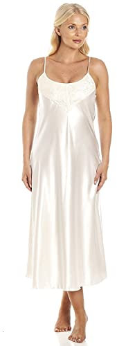 Camille Womens Luxury Long Plain Satin Chemise - Ladies Thin Strap Lace Lightweight Nightdress - Comfortable & Breathable Summer Nightwear Cream 10-12