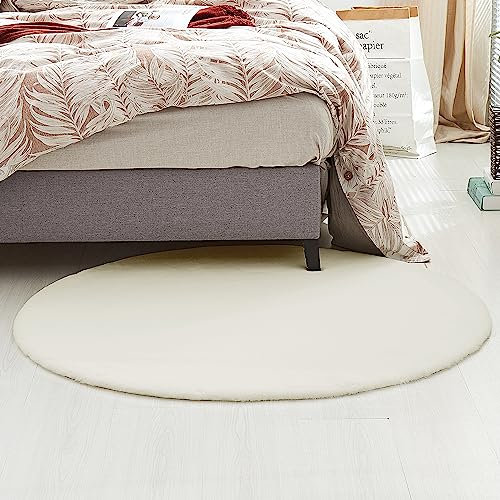 Teppich Wölkchen Fell Rund, Fellteppich Rund, Kunstfell Teppich Waschbar, Hasenfell, Kaninchenfell - Flauschiger Teppich Wohnzimmer, Bettvorleger Schlafzimmer - Beige - Rund 160cm