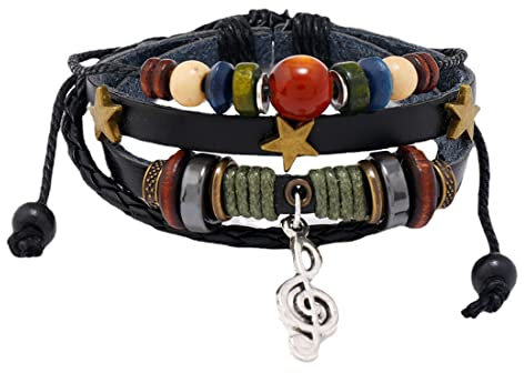 Prosy gewebtes Lederarmband, geflochtene Manschettenarmbänder, Sterne, Musiknote, Perlenarmbänder, ethnische Tribal, elastische Armbänder für Männer und Frauen (Schwarz)