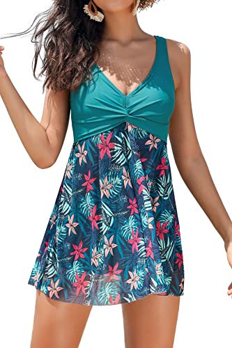 SHEKINI Women's Swimdress One Piece V Neck Swimming Costume Splice Printed Mesh Soft Cup Padded Elegant Bathing Suit Tummy Control with Boyshort, Green, X-Large